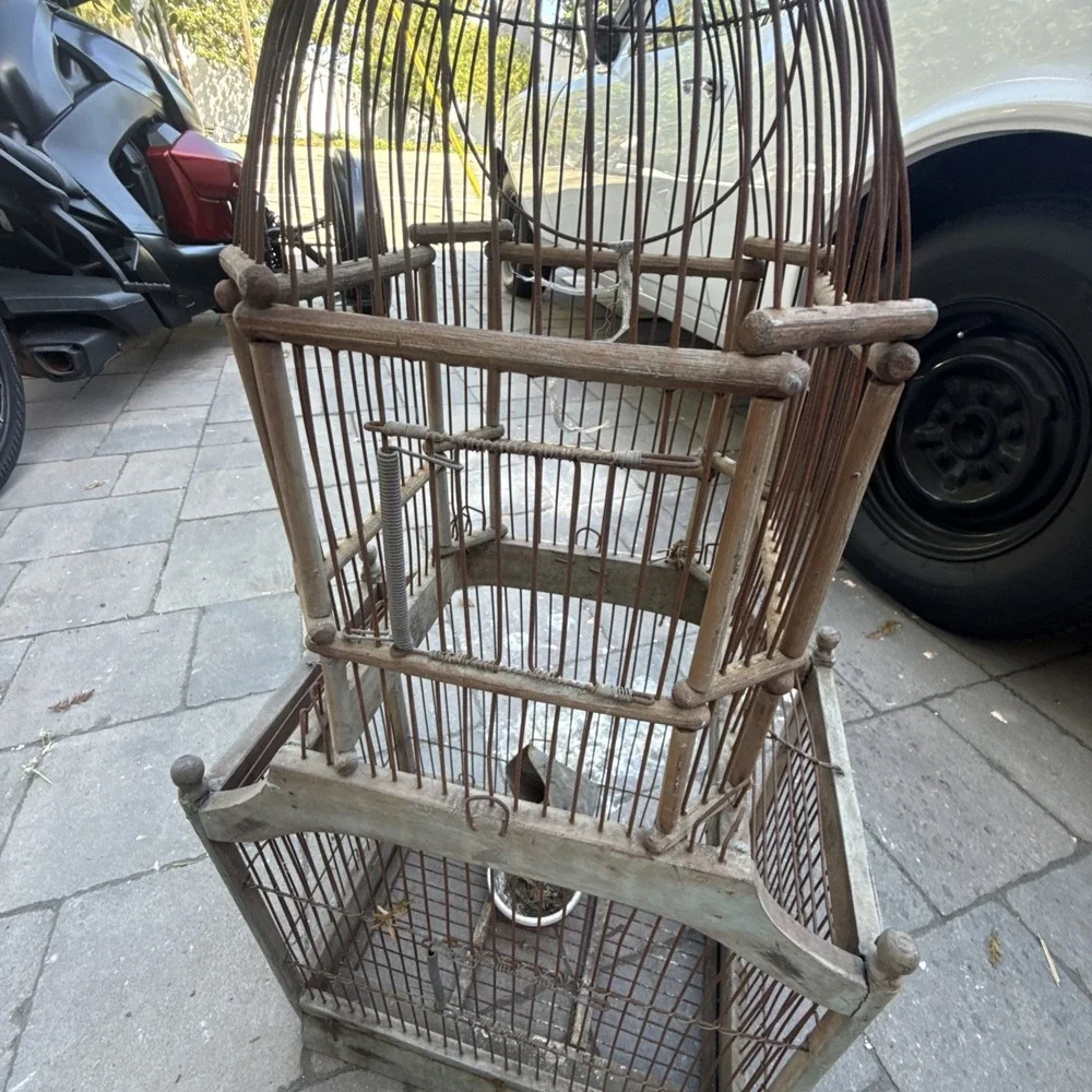 VTG VICTORIAN CATHEDRAL BIRD CAGE WOOD & WIRE MID CENTURY DOME BIRD CAGE 34X14X9